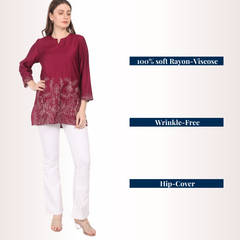 Yadya Embroidered Short Kurta  Maroon Viscose