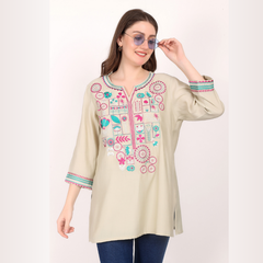 Yadya Embroidered Short Kurti Off-White Viscose