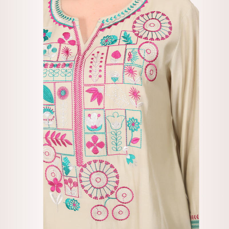 Yadya Embroidered Short Kurti Off-White Viscose