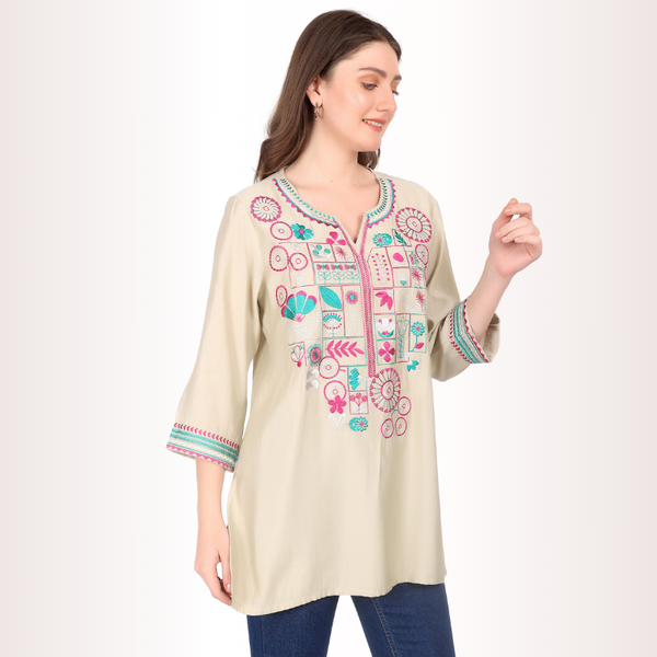 Yadya Embroidered Short Kurti Off-White Viscose