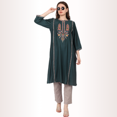 Yadya Embroidered Long Kurti Green Viscose