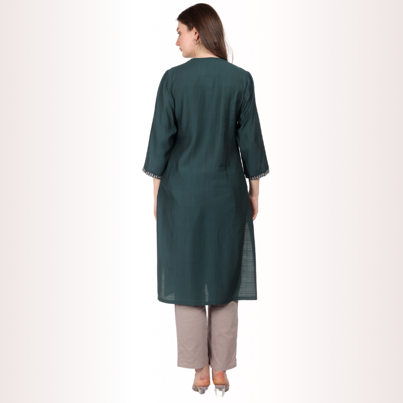 Yadya Embroidered Long Kurti Green Viscose