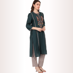 Yadya Embroidered Long Kurti Green Viscose