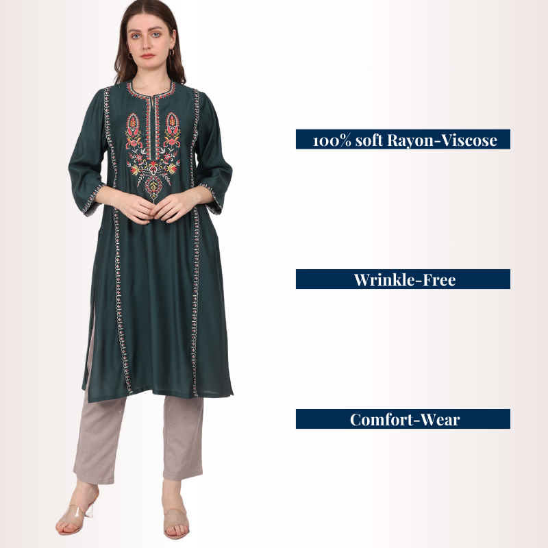 Yadya Embroidered Long Kurti Green Viscose