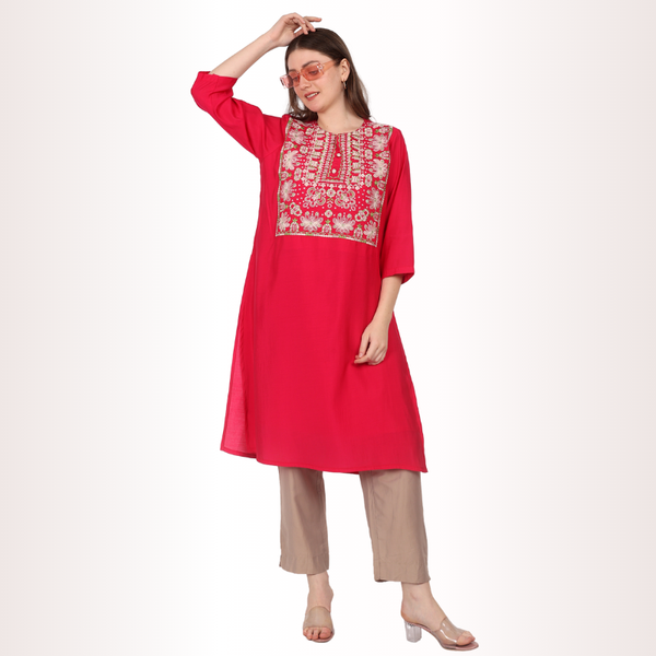 Yadya Embroidered Long Kurti Fuchsia Viscose