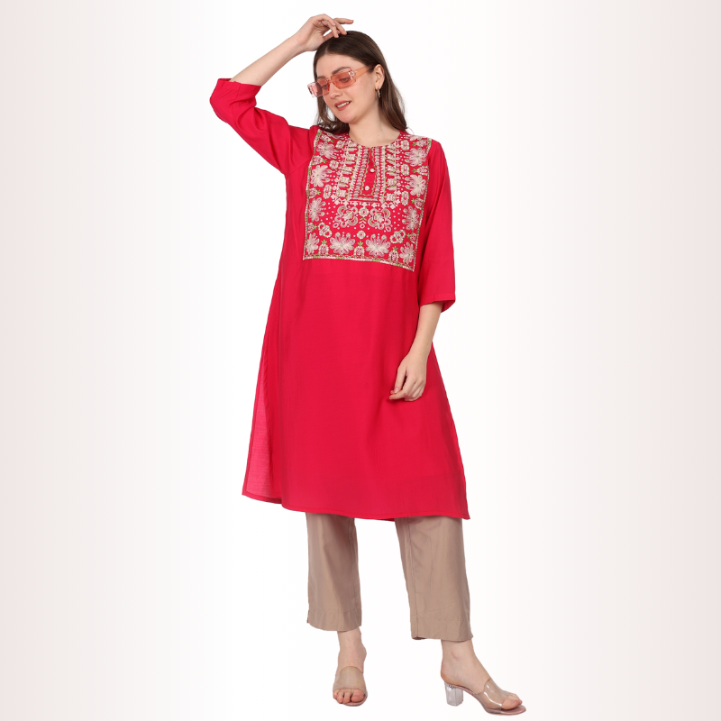 Yadya Embroidered Long Kurti Fuchsia Viscose