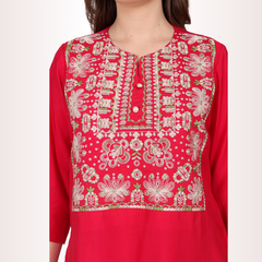 Yadya Embroidered Long Kurti Fuchsia Viscose