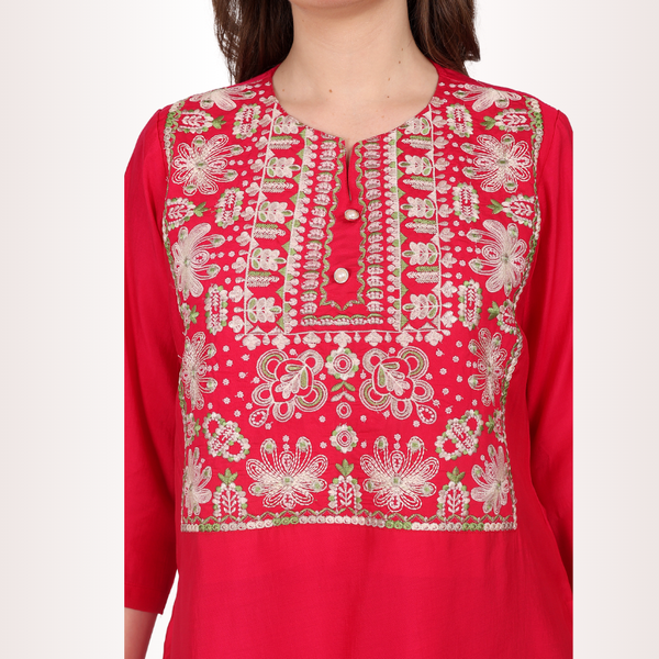 Yadya Embroidered Long Kurti Fuchsia Viscose