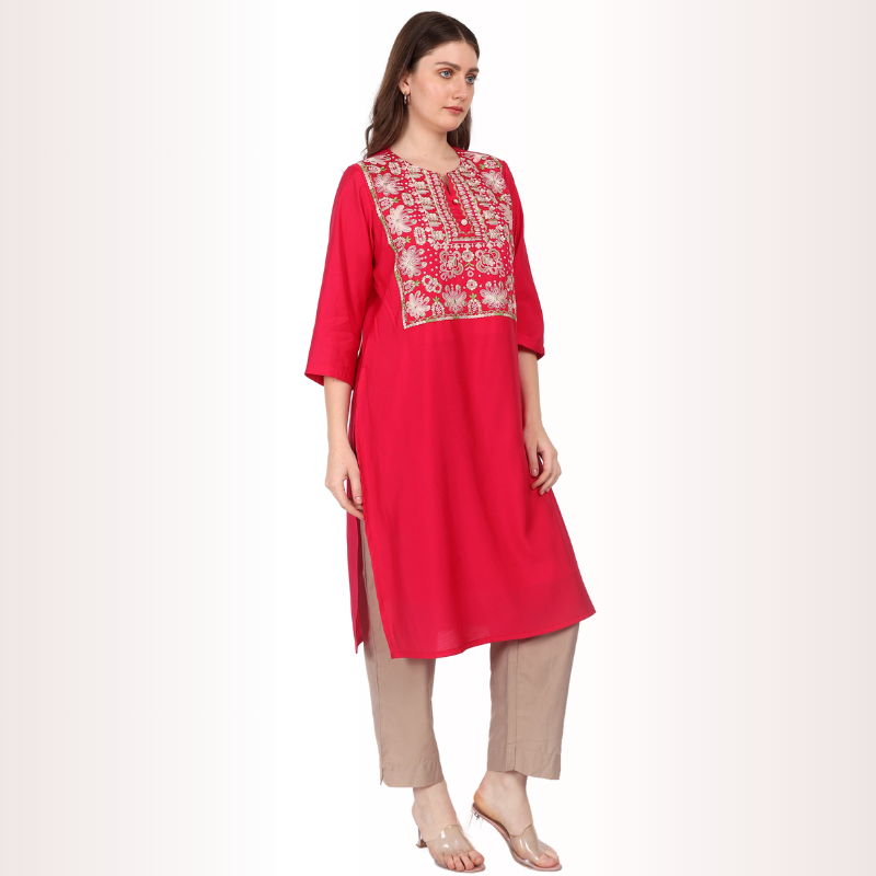 Yadya Embroidered Long Kurti Fuchsia Viscose