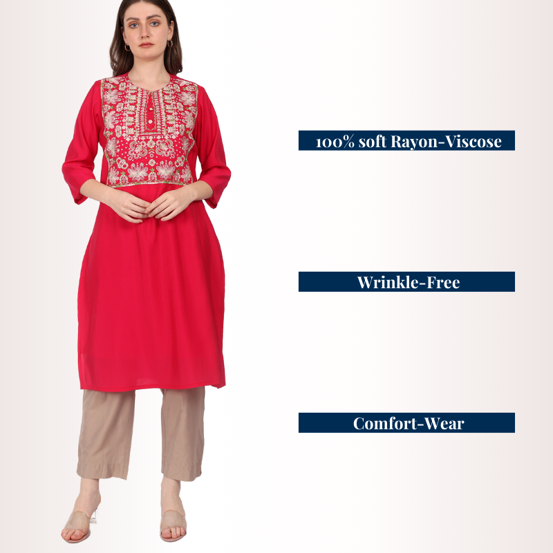 Yadya Embroidered Long Kurti Fuchsia Viscose