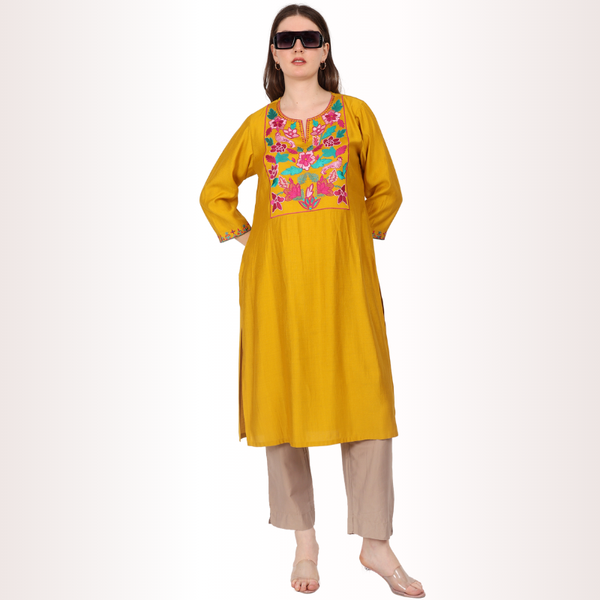 Yadya Embroidered Long Kurti Yellow Viscose