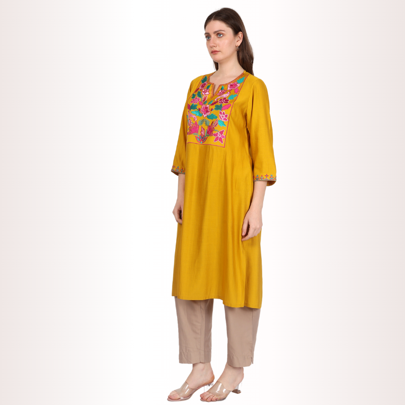 Yadya Embroidered Long Kurti Yellow Viscose