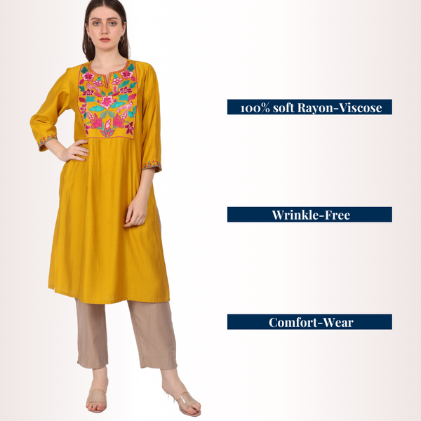 Yadya Embroidered Long Kurti Yellow Viscose