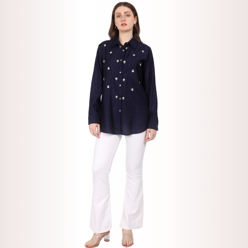 Yadya Casual Embroidered Shirt Blue Viscose