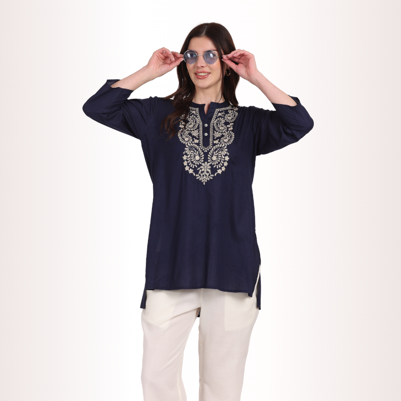 Yadya Embroidered Short kurti Blue Rayon