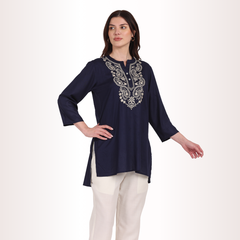 Yadya Embroidered Short kurti Blue Rayon