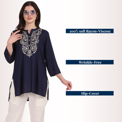 Yadya Embroidered Short kurti Blue Rayon