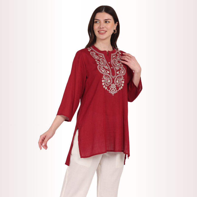 Yadya Embroidered Short kurti Peach Rayon