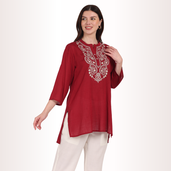 Yadya Embroidered Short kurti Maroon Rayon