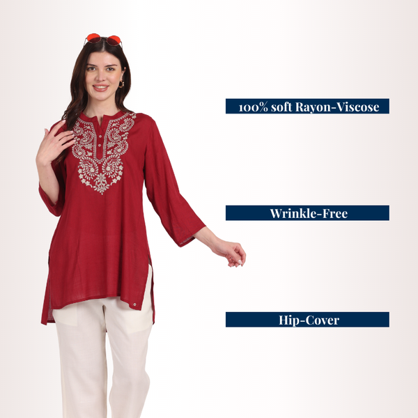 Yadya Embroidered Short kurti Maroon Rayon