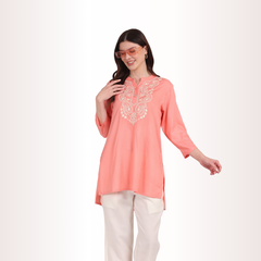 Yadya Embroidered Short kurti Peach Rayon