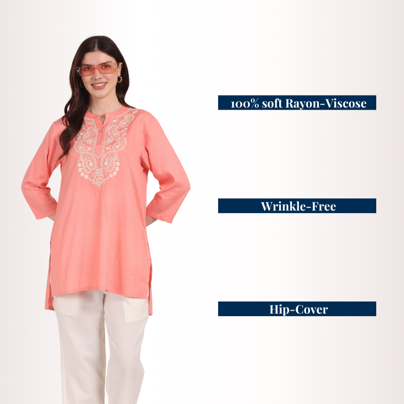 Yadya Embroidered Short kurti Peach Rayon