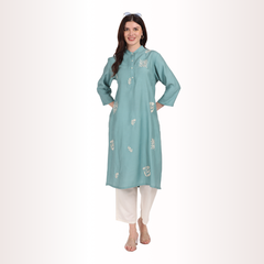 Yadya Embroidered Long Kurta Teal Viscose