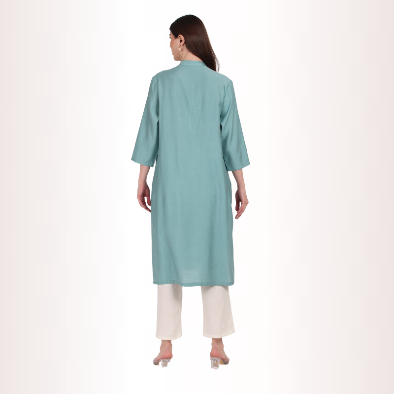 Yadya Embroidered Long Kurta Teal Viscose