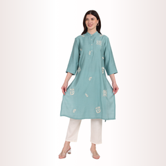 Yadya Embroidered Long Kurta Teal Viscose