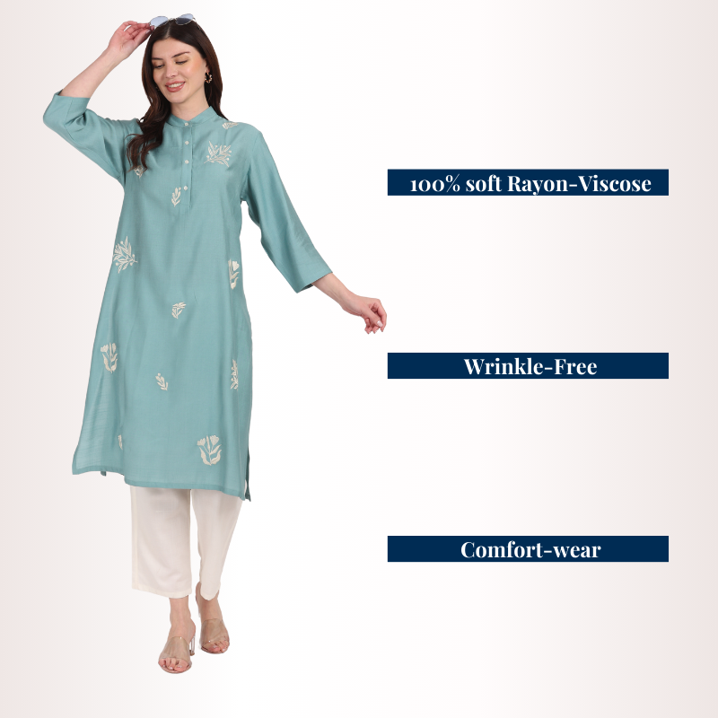 Yadya Embroidered Long Kurta Teal Viscose