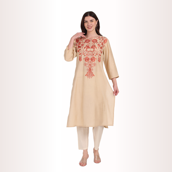 Yadya Embroidered Long Kurti Cream Viscose