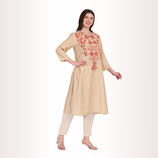 Yadya Embroidered Long Kurti Cream Viscose