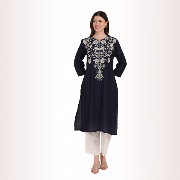 Yadya Embroidered Long Kurti Blue Viscose