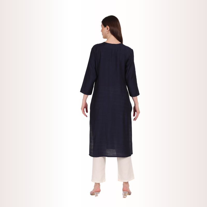 Yadya Embroidered Long Kurti Blue Viscose