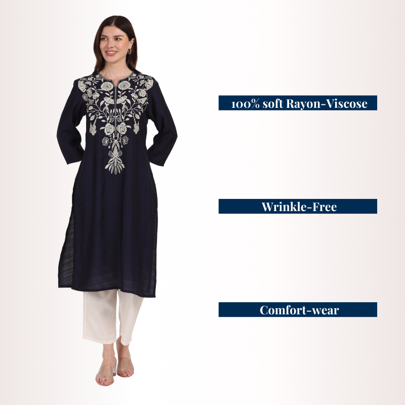 Yadya Embroidered Long Kurti Cream Viscose