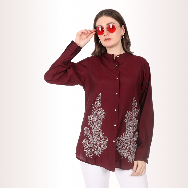 Yadya Embroidered Motif Shirt Maroon Viscose