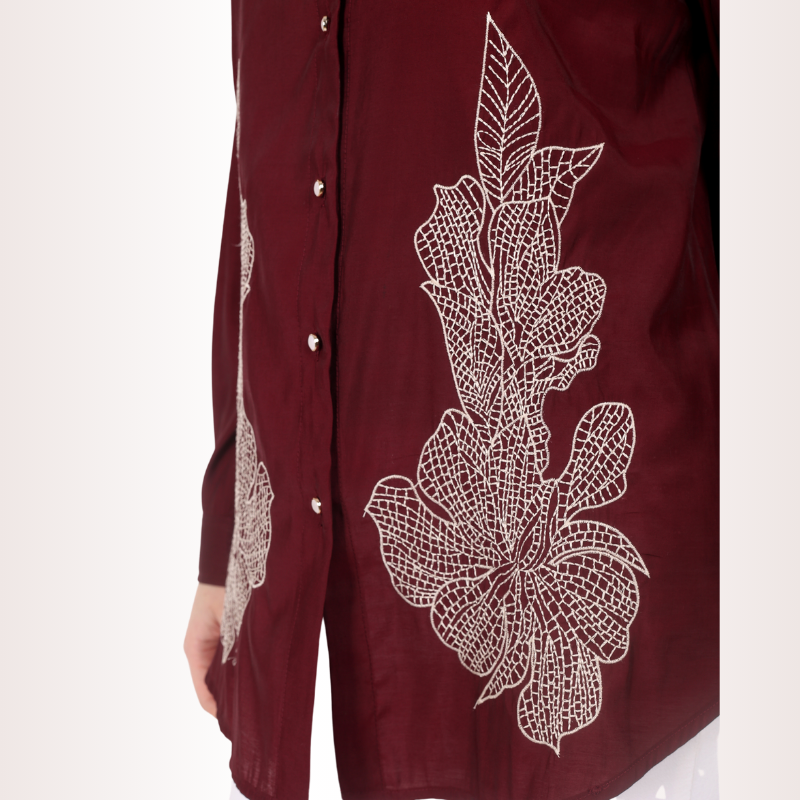 Yadya Embroidered Motif Shirt Maroon Viscose