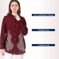 Yadya Embroidered Motif Shirt Maroon Viscose