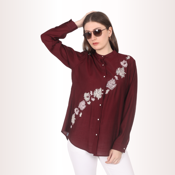 Yadya Floral Embroidered Shirt Maroon