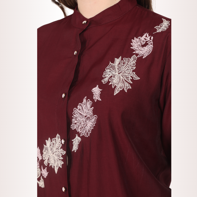 Yadya Floral Embroidered Shirt Maroon