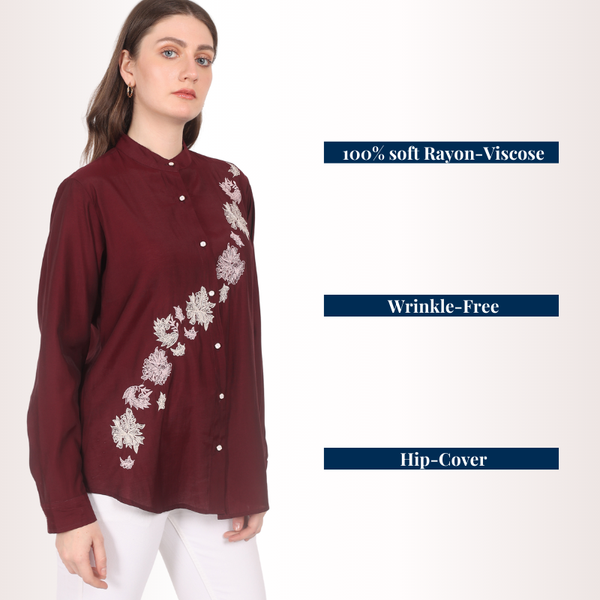 Yadya Floral Embroidered Shirt Maroon