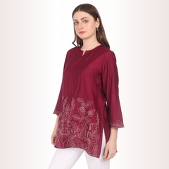 Yadya Embroidered Short Kurta  Maroon Viscose