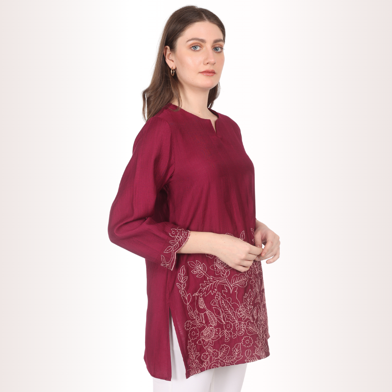 Yadya Embroidered Short Kurta  Maroon Viscose