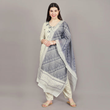 Sage Green And Grey Bead Embroidered Straight Kurta ,Pant And Printed Dupatta Suit Set