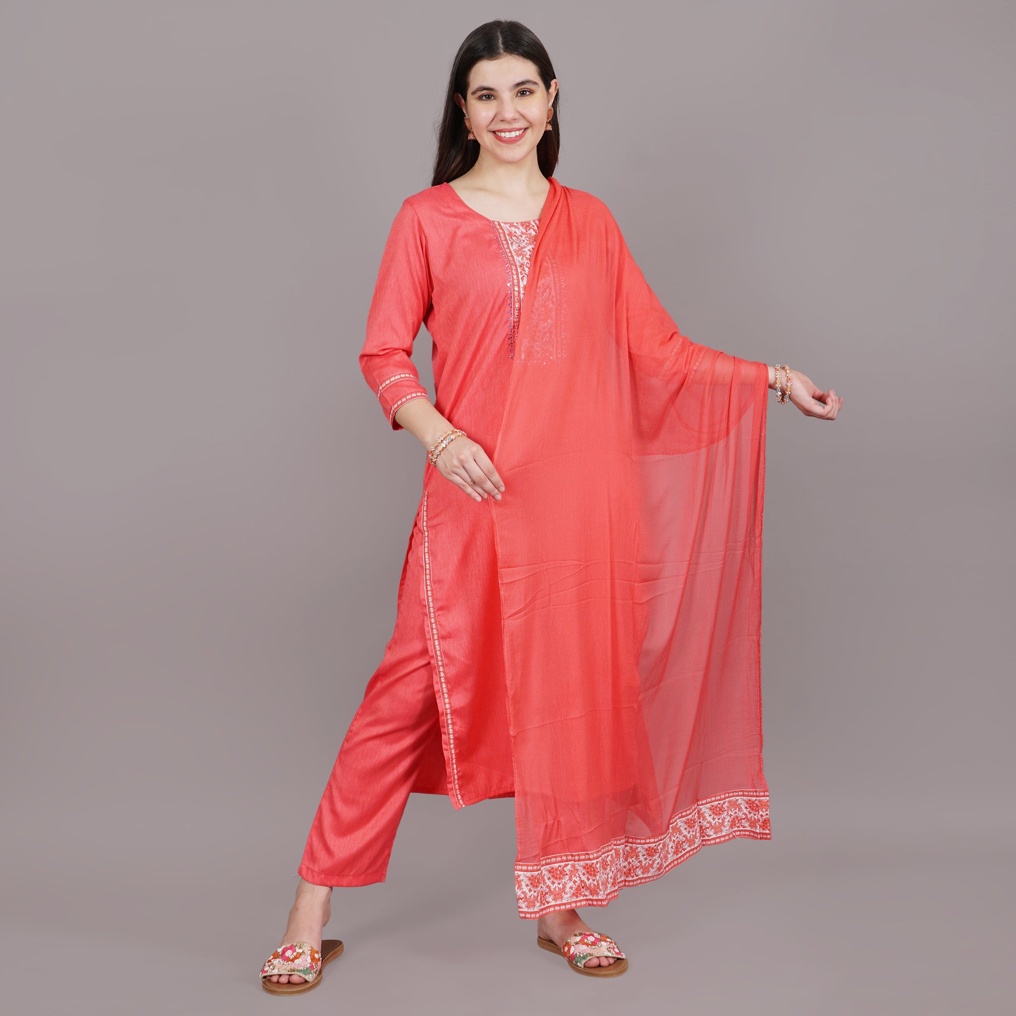 Orange Straight Kurta, Pant With Chiffon Dupatta