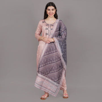 Peach And Purple Bead Embroidered Straight Kurta,Pant And Printed Dupatta Suit Set