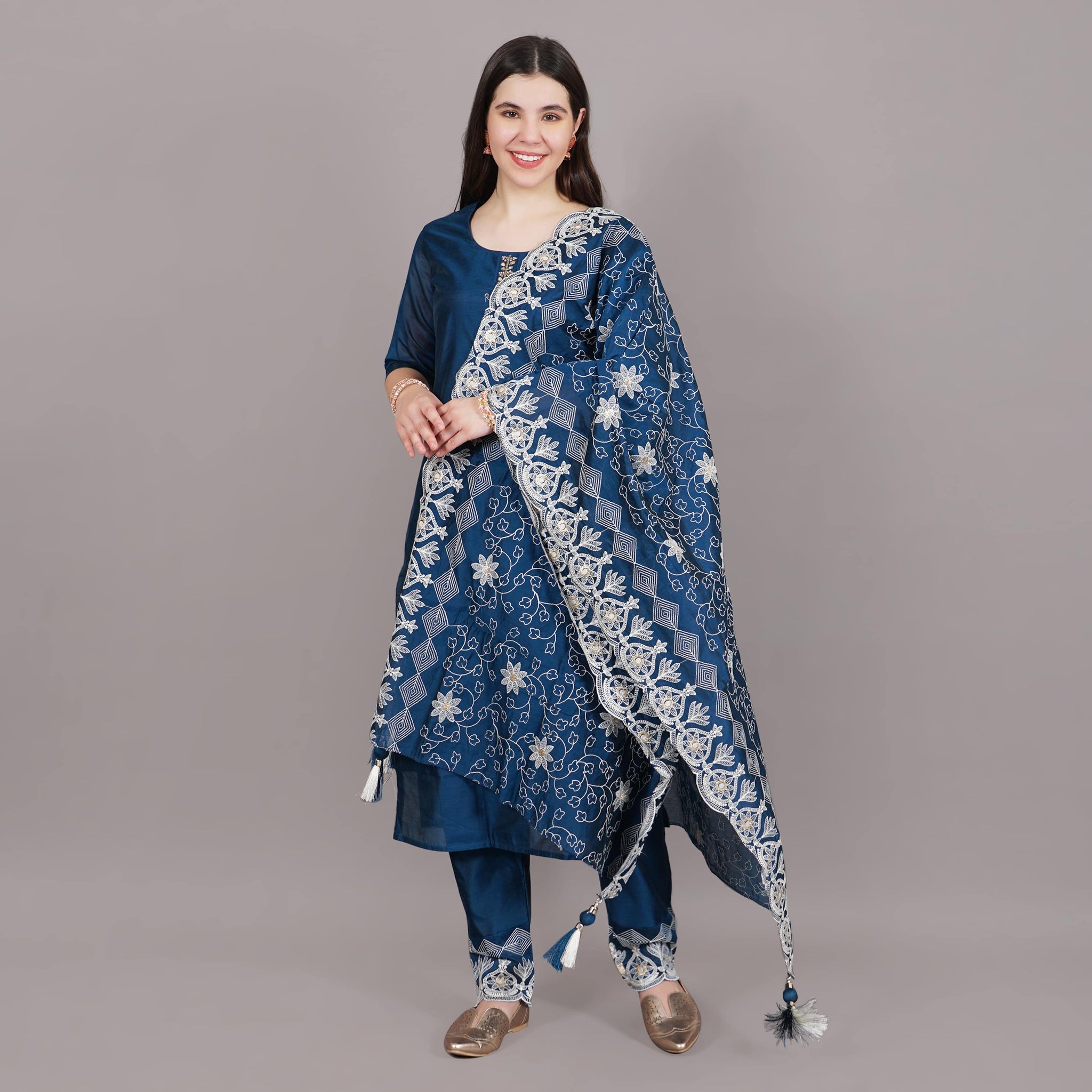 Blue Straight Kurta And Slim Pant Suit Set With Hand Embroidered Dupatta