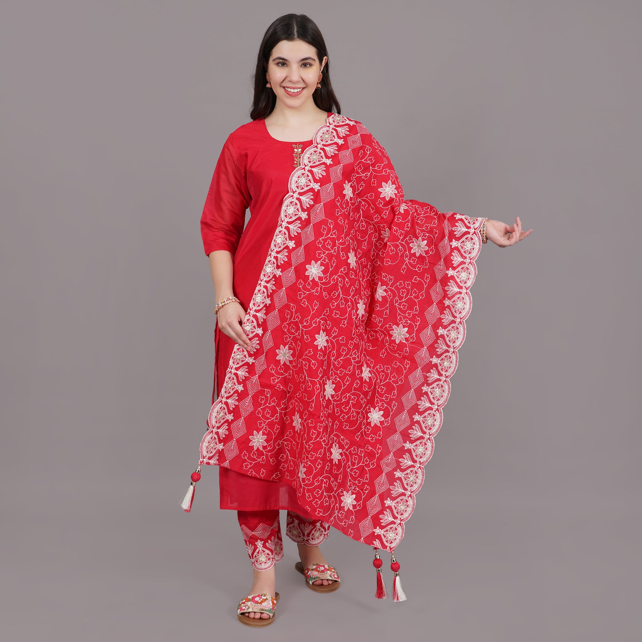 Rani Pink Cotton Blend Straight Kurta And Slim Pant Suit Set With Hand Embroidered Dupatta