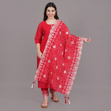 Rani Pink Cotton Blend Straight Kurta And Slim Pant Suit Set With Hand Embroidered Dupatta