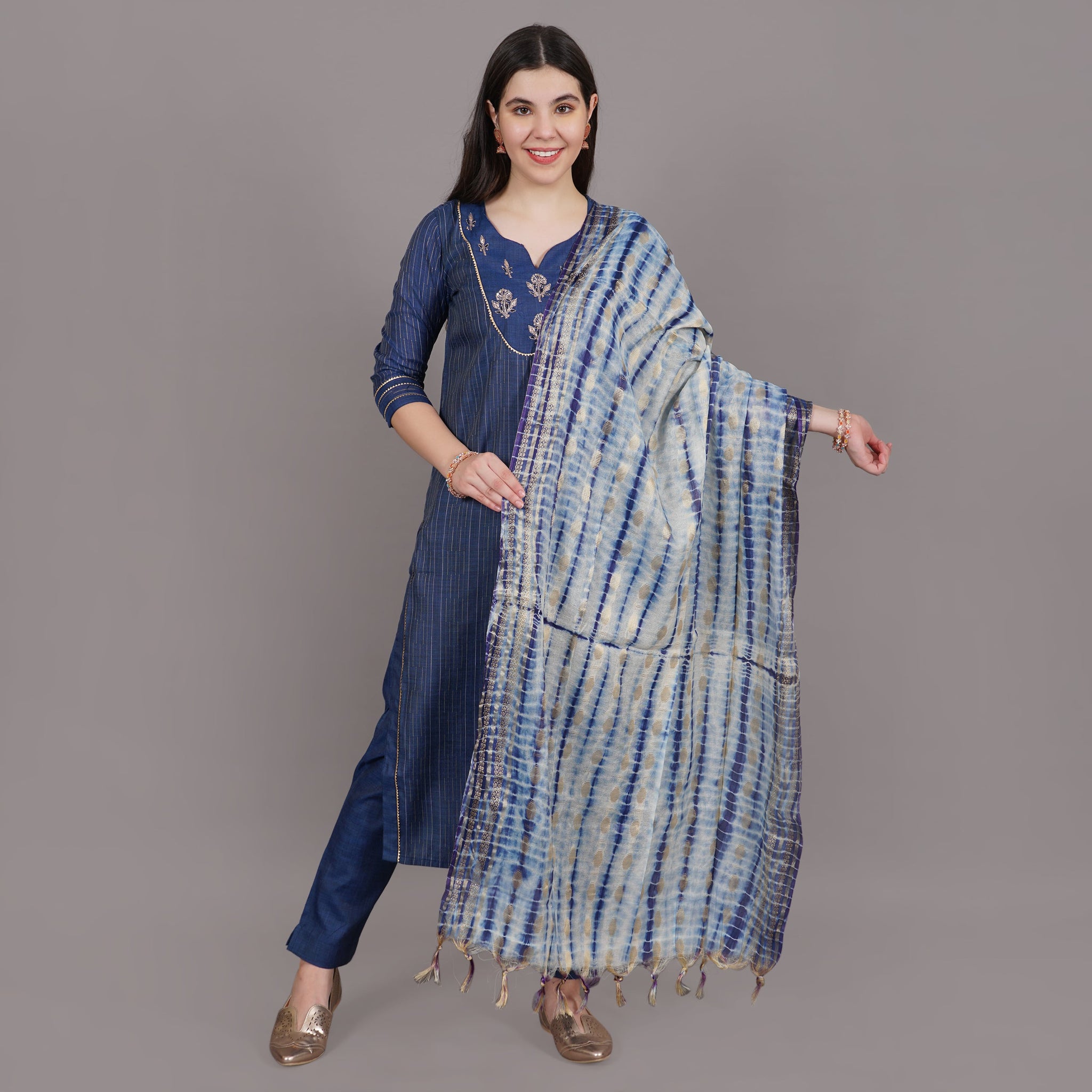 Dark Blue Embroidered Yoke Straight Kurta, Pant and Printed Dupatta Suit Set